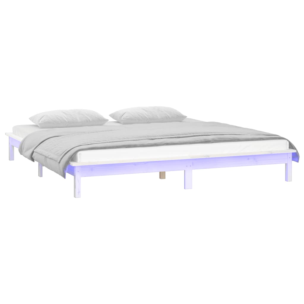 vidaXL Cadru de pat cu LED, dublu, alb, 135x190 cm, lemn masiv