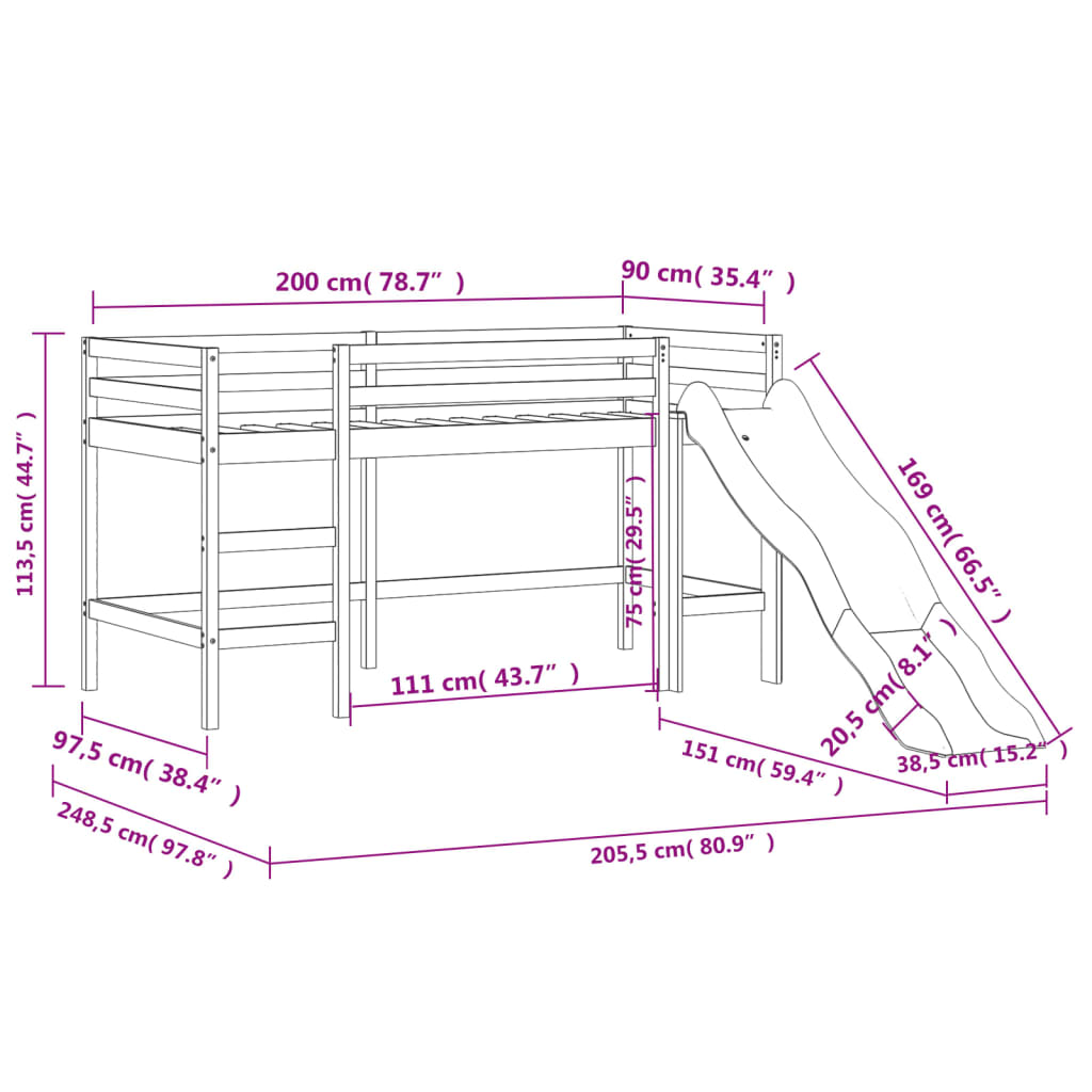 vidaXL Pat etajat de copii cu perdele, roz, 90x200 cm, lemn masiv pin