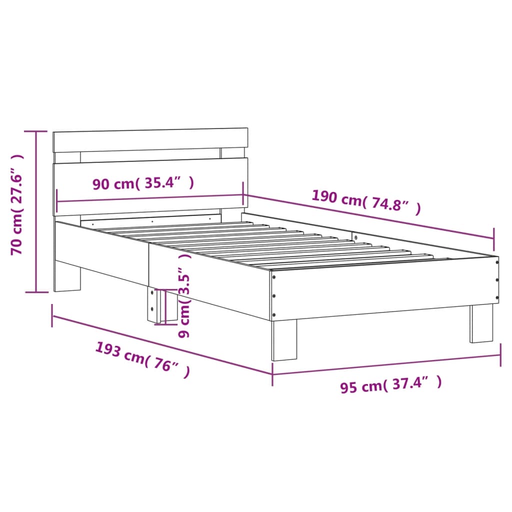 vidaXL Cadru de pat cu tăblie, gri beton, 90x190 cm, lemn prelucrat