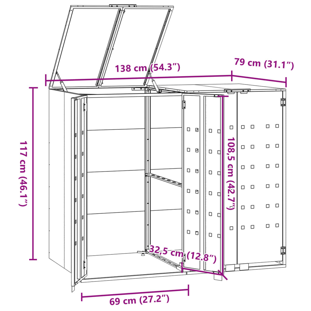 vidaXL Depozitare coș gunoi cu roți 2 coșuri gri 138x79x117 cm oțel