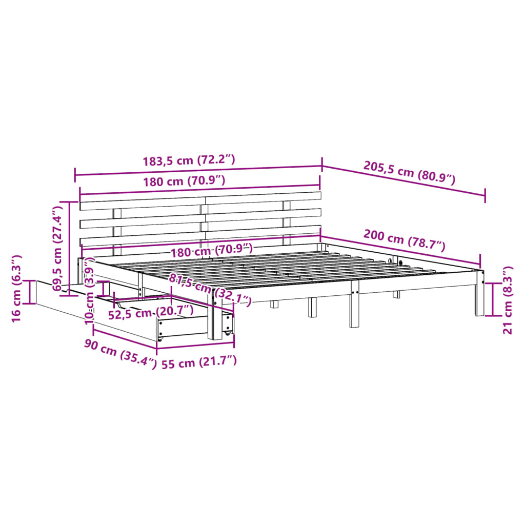 vidaXL Cadru de pat cu sertare, alb, 180x200 cm, lemn masiv pin