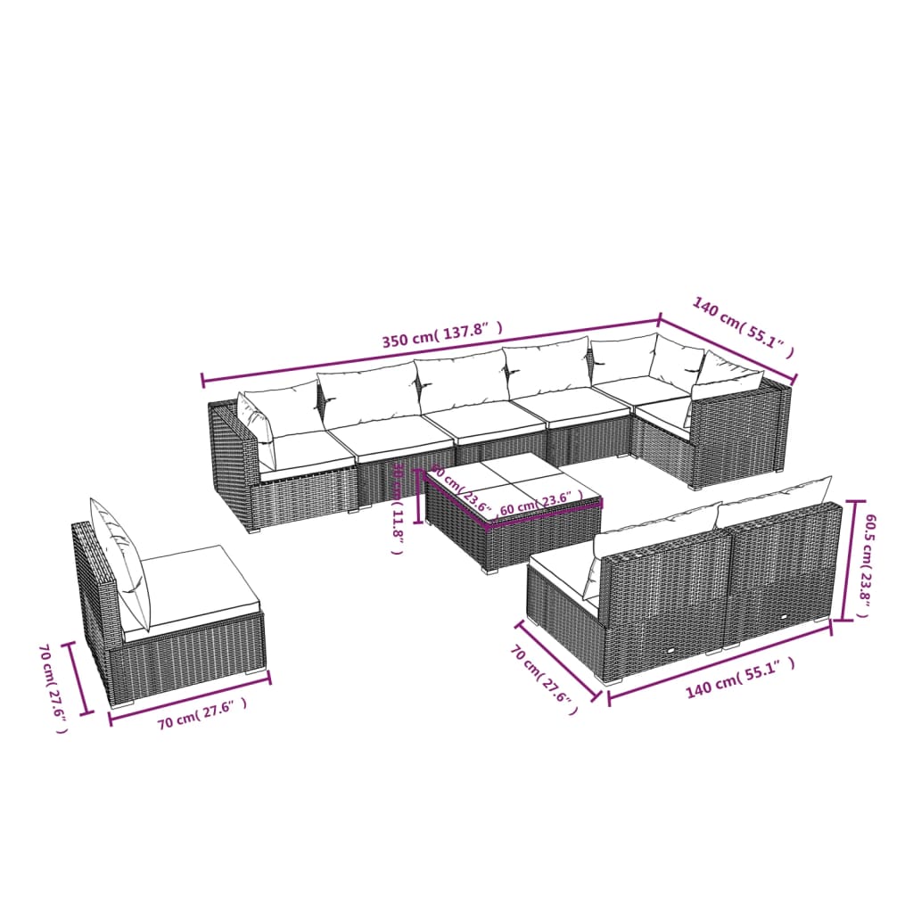 vidaXL Set mobilier de grădină cu perne, 10 piese, negru, poliratan