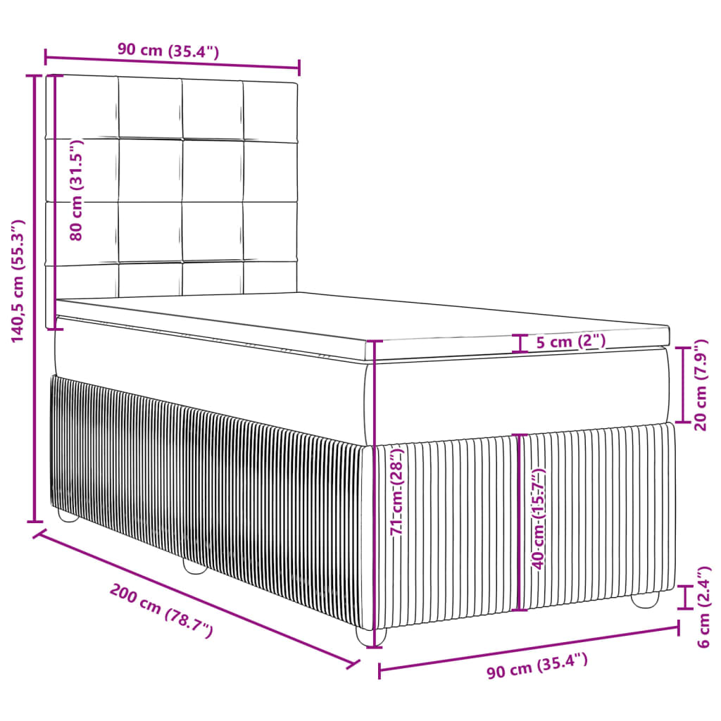 vidaXL Pat box spring cu saltea, gri deschis, 90x200 cm, textil