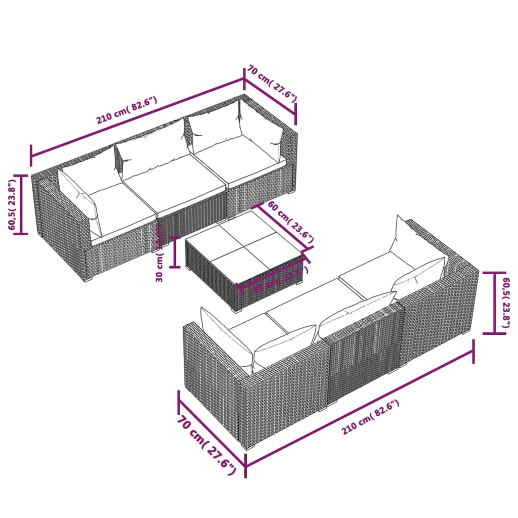 vidaXL Set mobilier de grădină cu perne, 7 piese, negru, poliratan