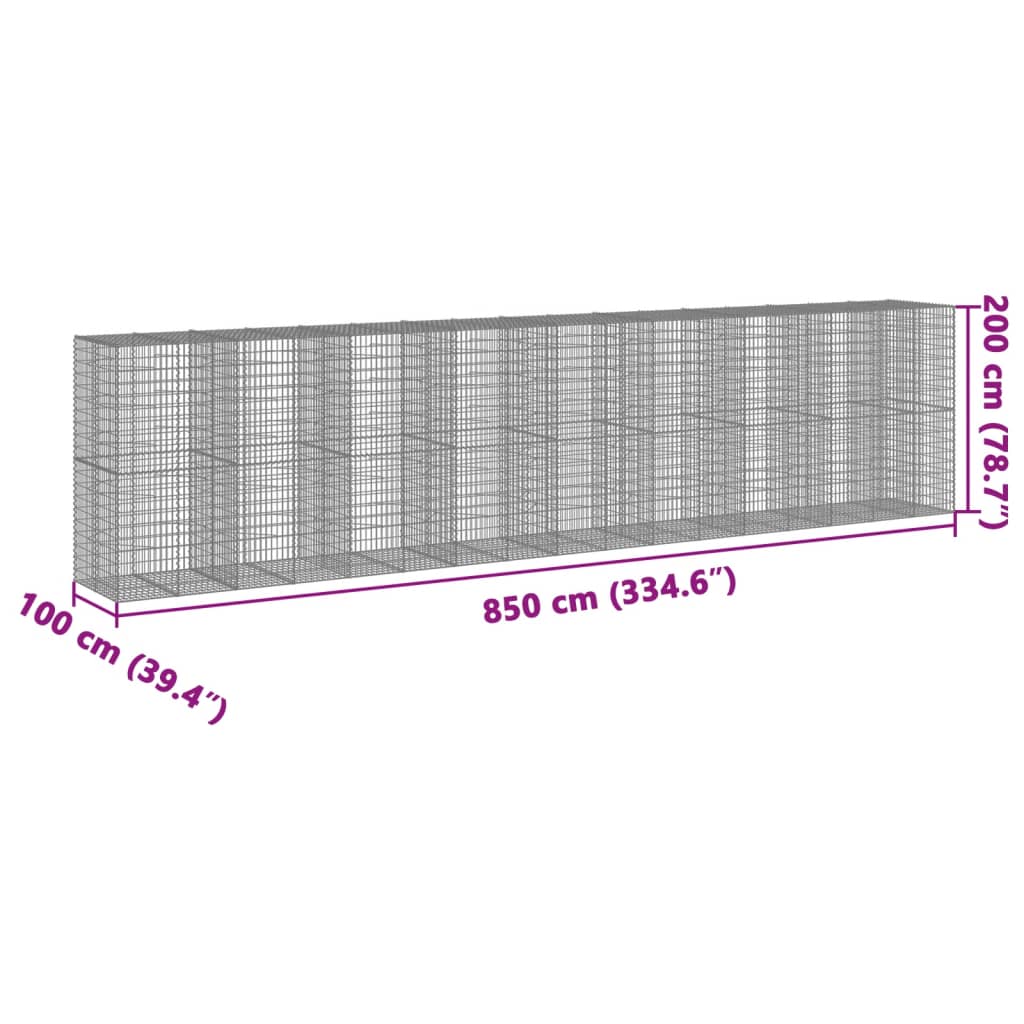 vidaXL Coș gabion cu capac, 850x100x200 cm, fier galvanizat