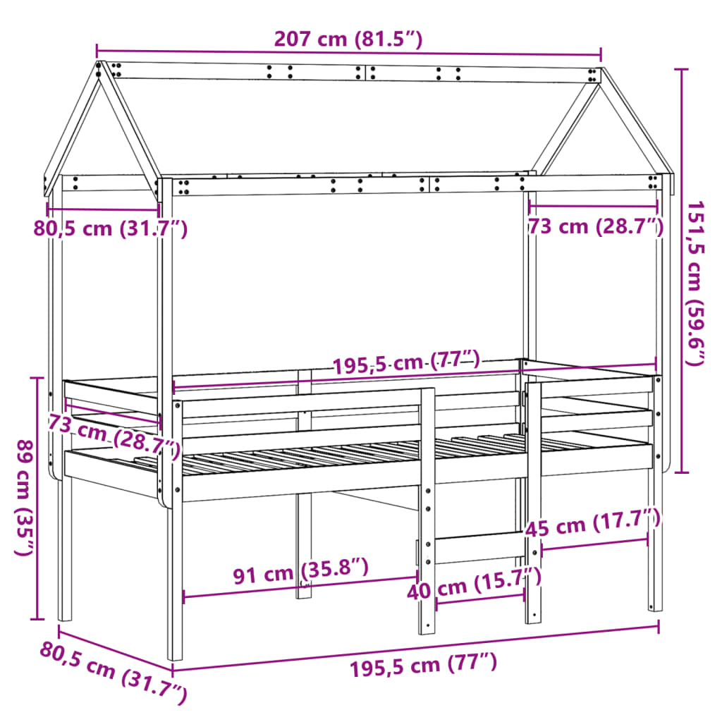 vidaXL Pat înalt cu acoperiș, maro ceruit, 75x190 cm, lemn masiv pin