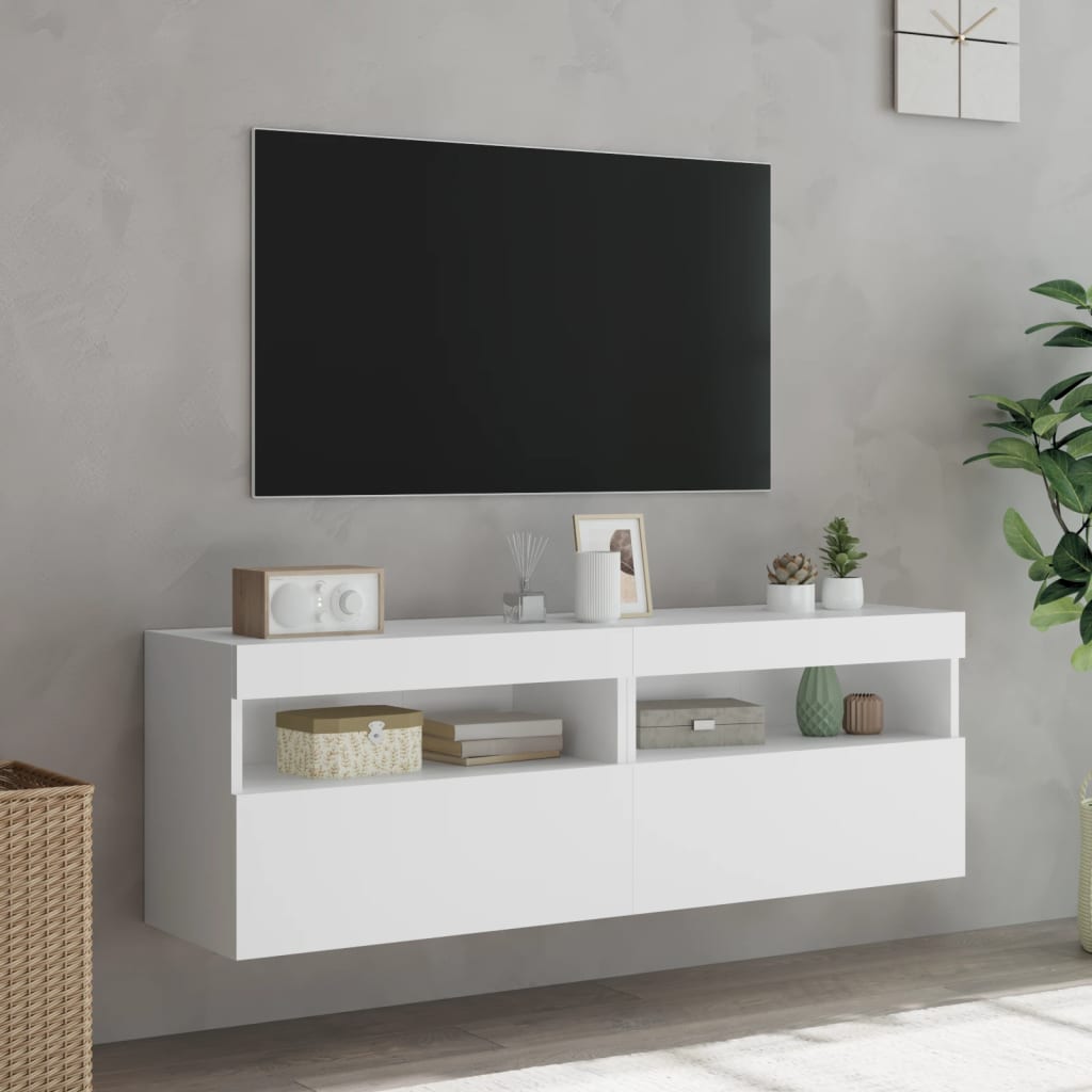 vidaXL Comode TV de perete cu lumini LED, 2 buc., alb, 60x30x40 cm