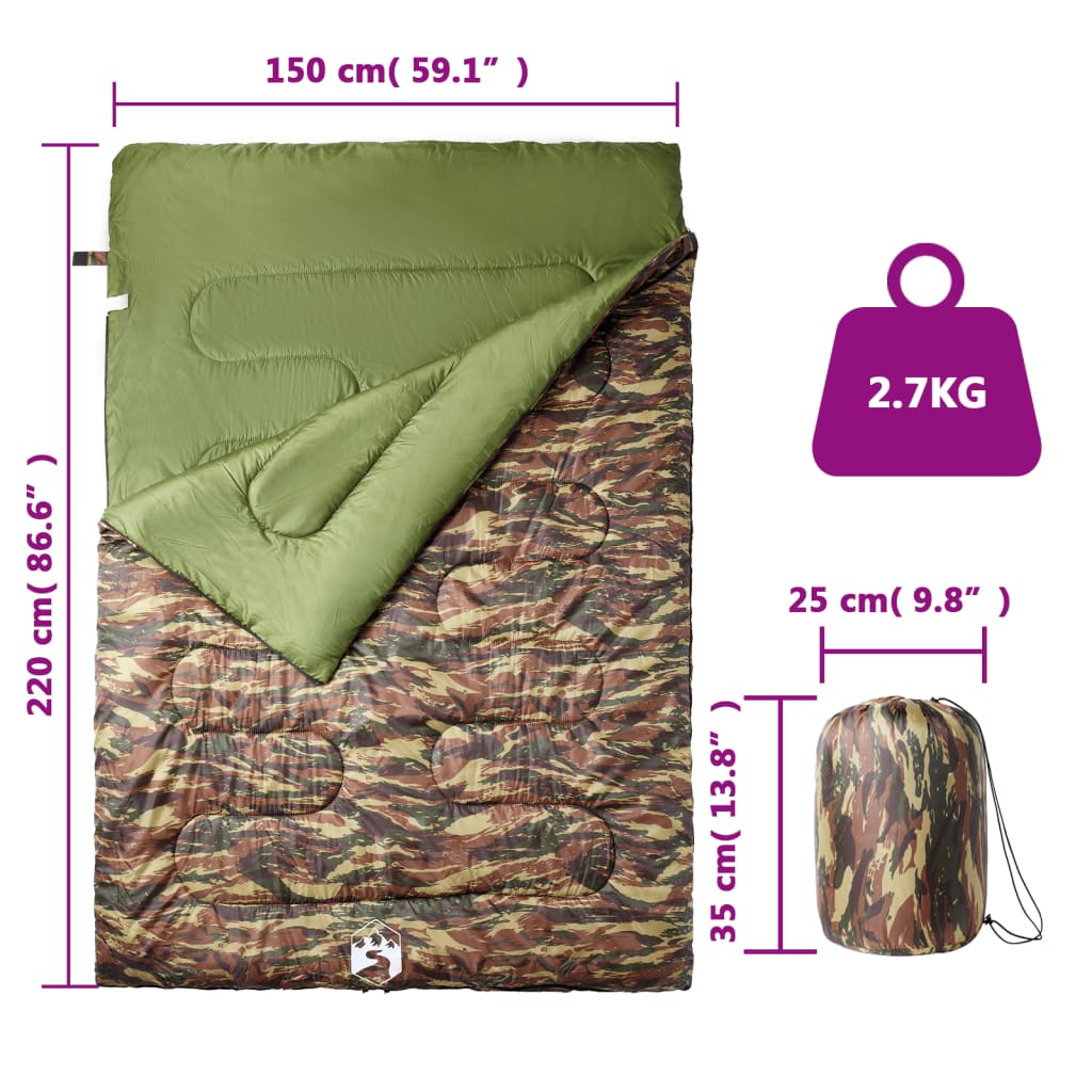 vidaXL Sac de dormit dublu cu perne de camping, adulți, 3-4 anotimpuri