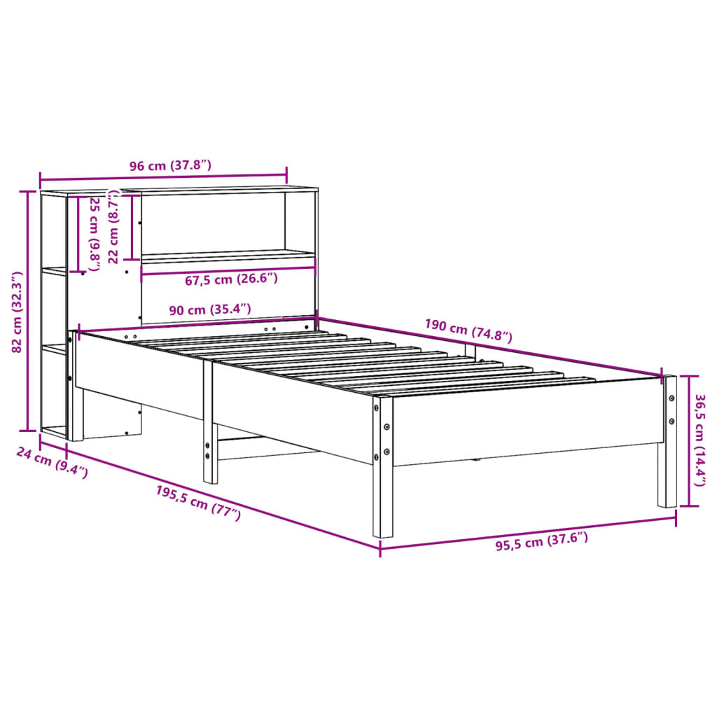 vidaXL Pat cu bibliotecă fără saltea, 90x190 cm, lemn masiv de pin