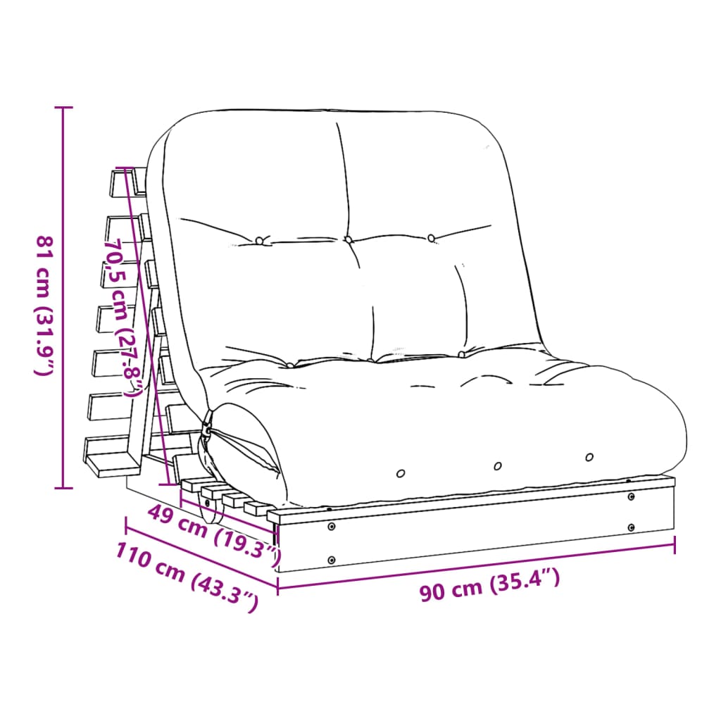 vidaXL Canapea futon cu saltea, alb, 90x206x11 cm, lemn masiv de pin