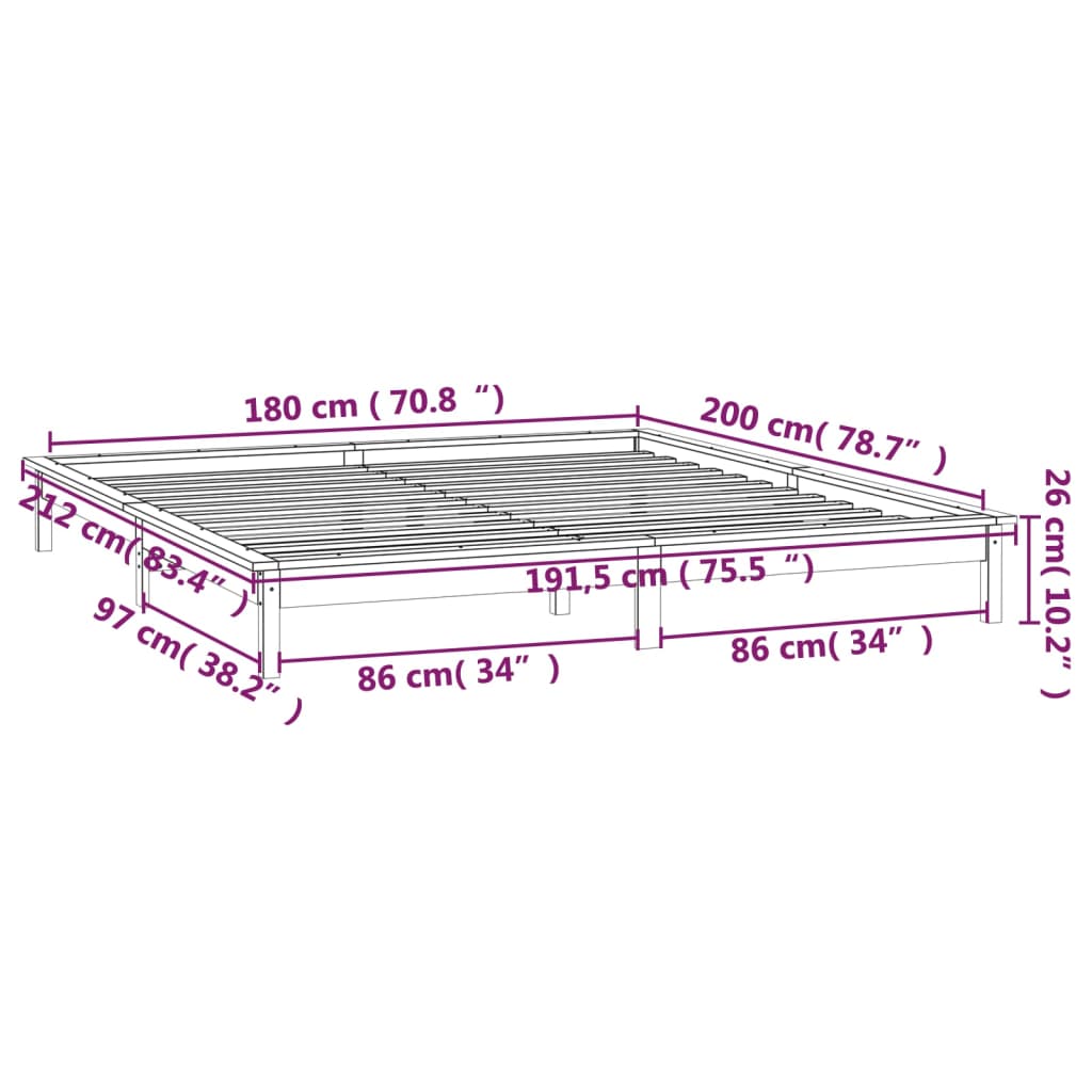 vidaXL Cadru de pat LED Super King Size, gri, 180x200 cm, lemn masiv