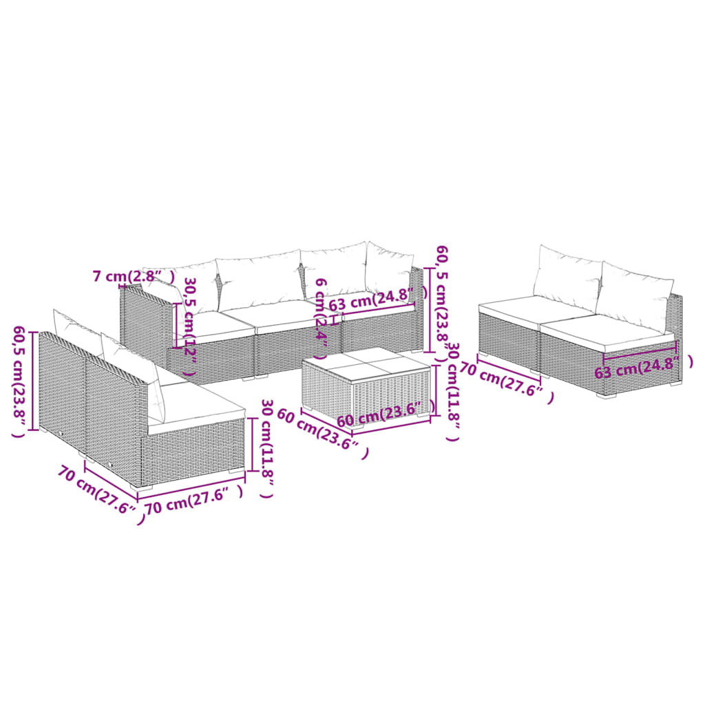 vidaXL Set mobilier de grădină cu perne, 8 piese, gri, poliratan