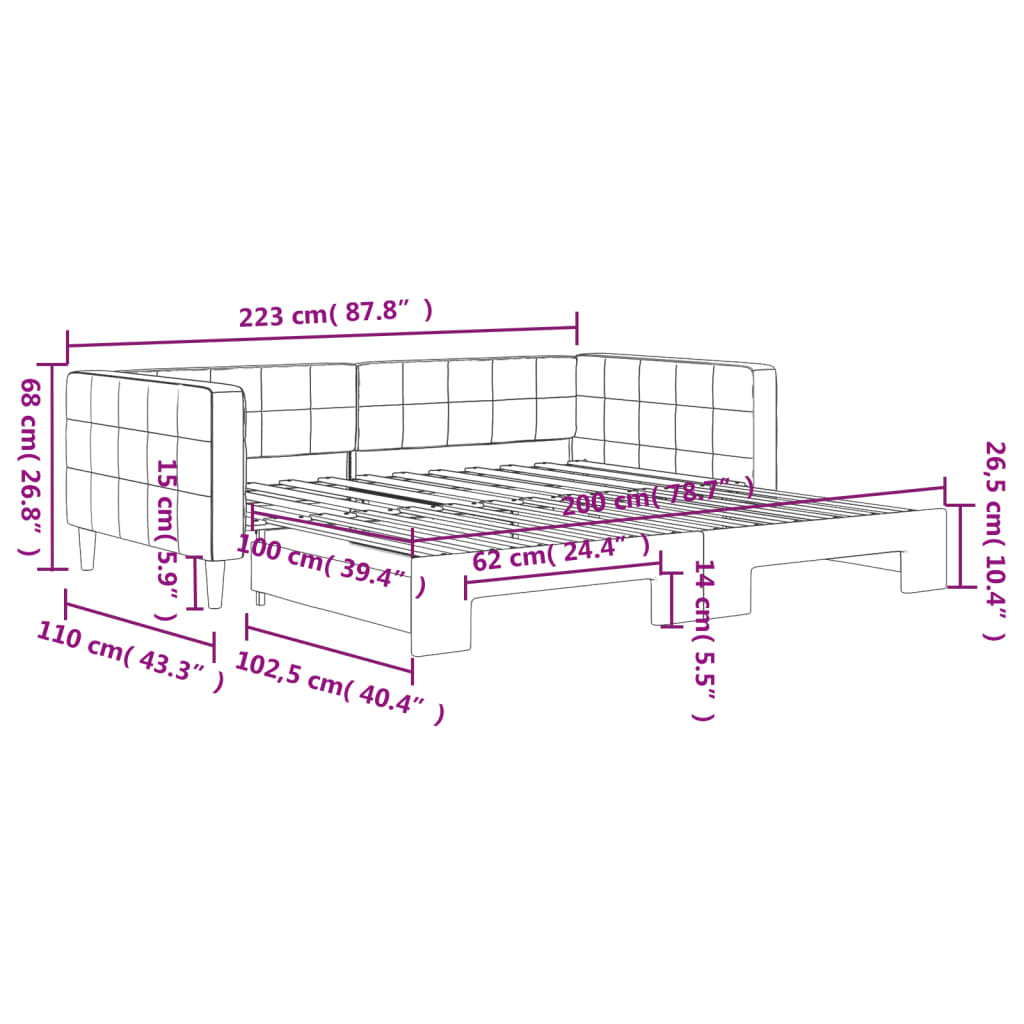 vidaXL Pat de zi cu extensie, gri deschis, 100x200 cm, catifea