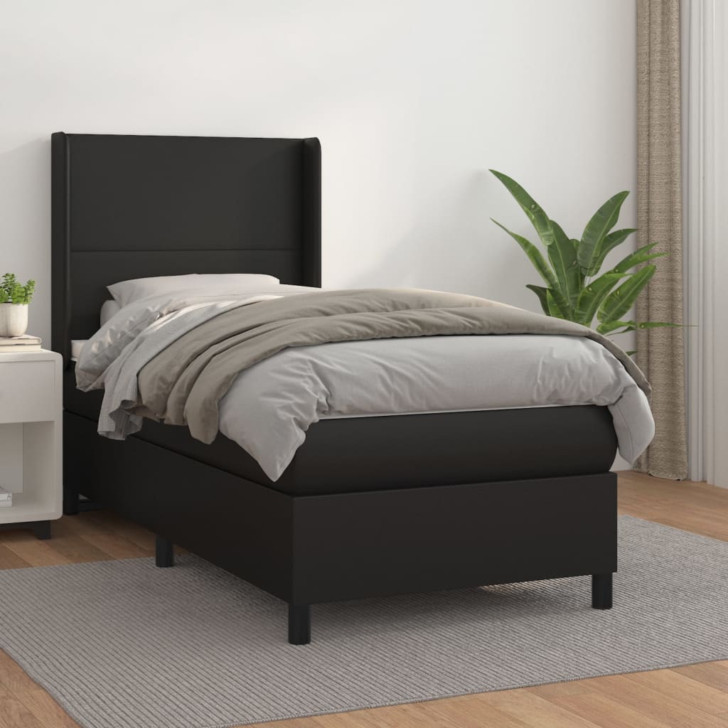 vidaXL Pat box spring cu saltea, negru, 90x190 cm, piele ecologică