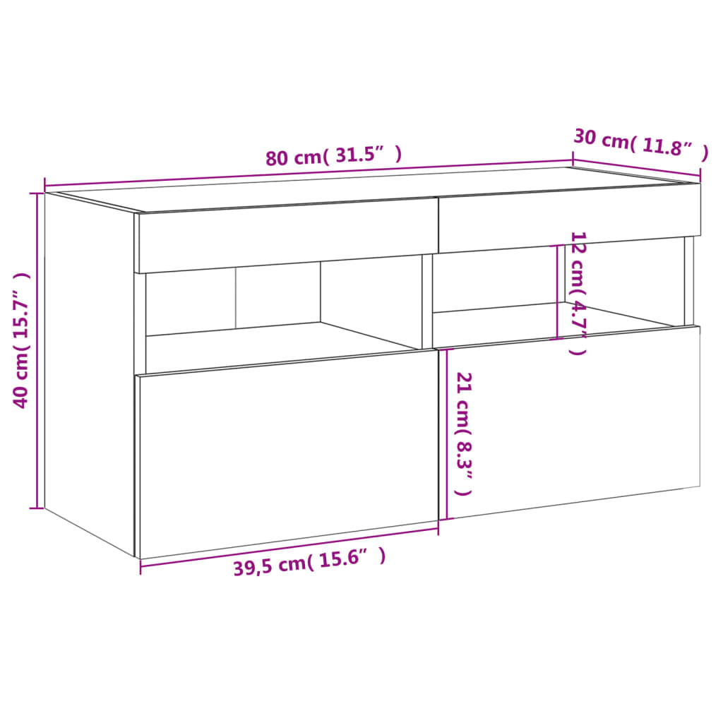 vidaXL Comodă TV de perete cu lumini LED, stejar sonoma, 80x30x40 cm