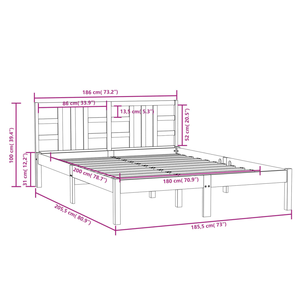 vidaXL Cadru de pat Super King, alb, 180x200 cm, lemn masiv