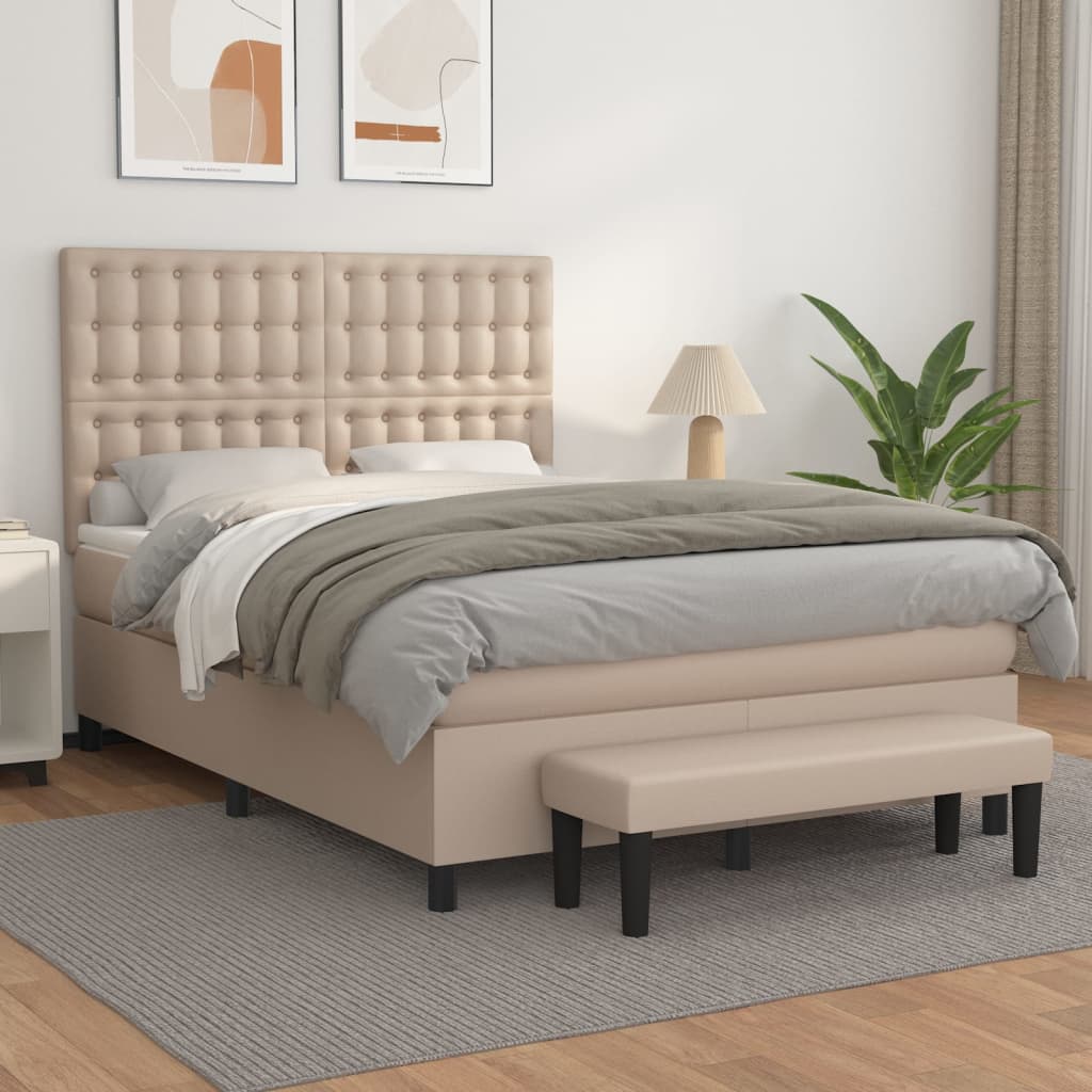 vidaXL Pat box spring cu saltea, cappuccino, 140x190cm piele ecologică