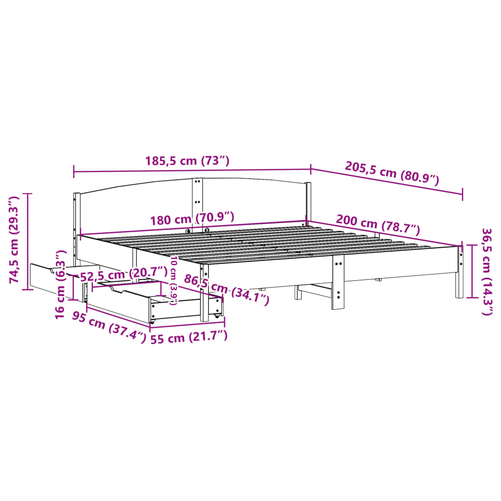 vidaXL Cadru de pat fără saltea, alb, 180x200 cm, lemn masiv pin