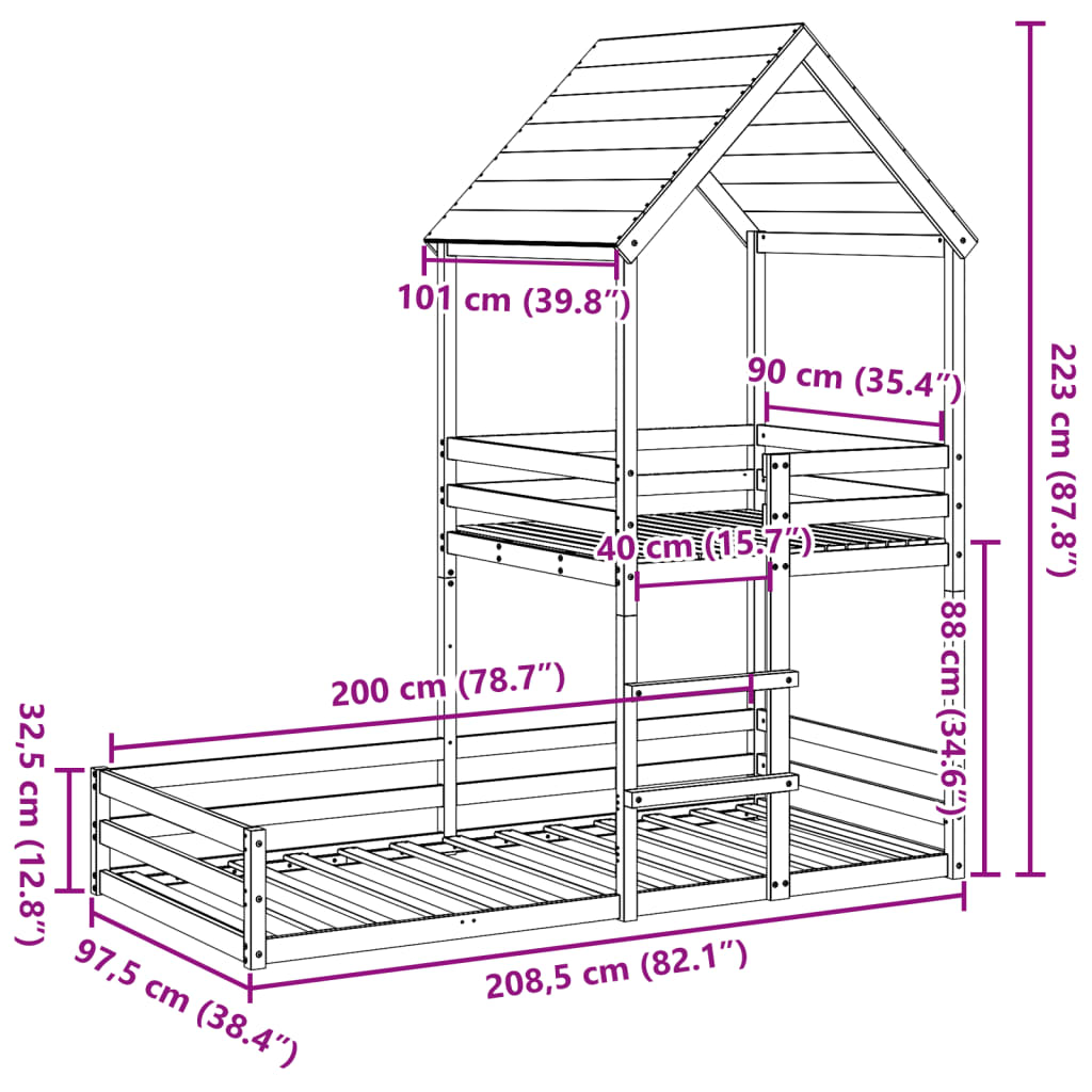 vidaXL Pat supraetajat cu acoperiș maro ceruit 90x200cm lemn masiv pin