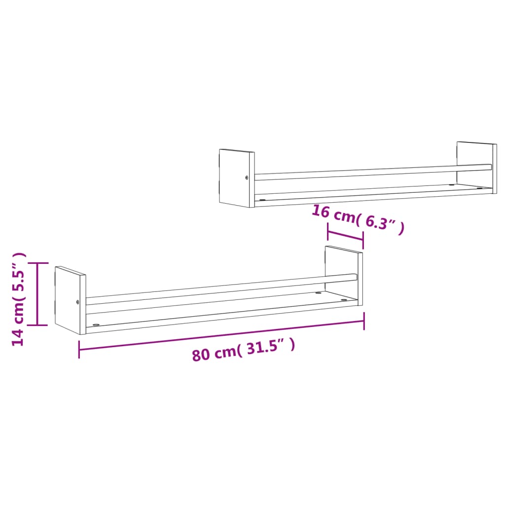 vidaXL Rafturi de perete cu bare, 2 buc, gri sonoma, 80x16x14 cm