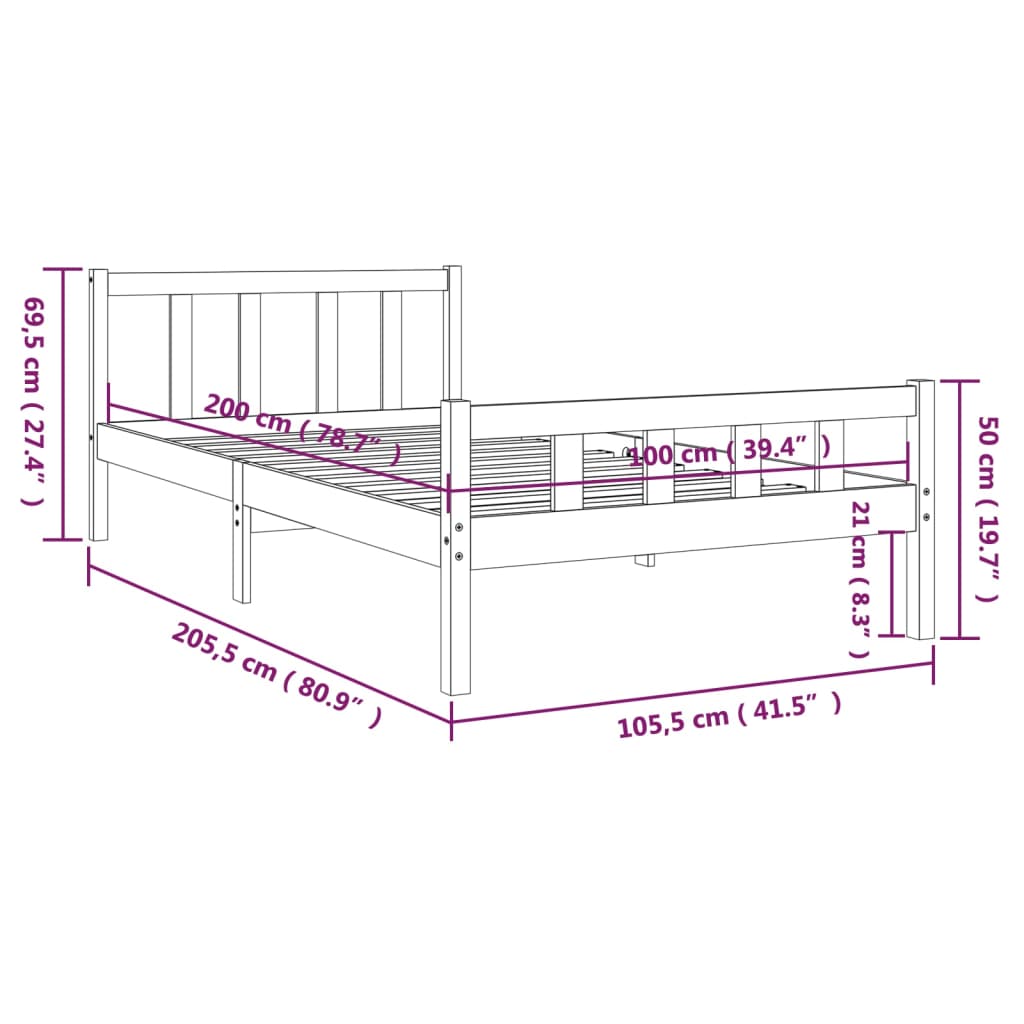 vidaXL Cadru de pat, gri, 100x200 cm, lemn masiv de pin