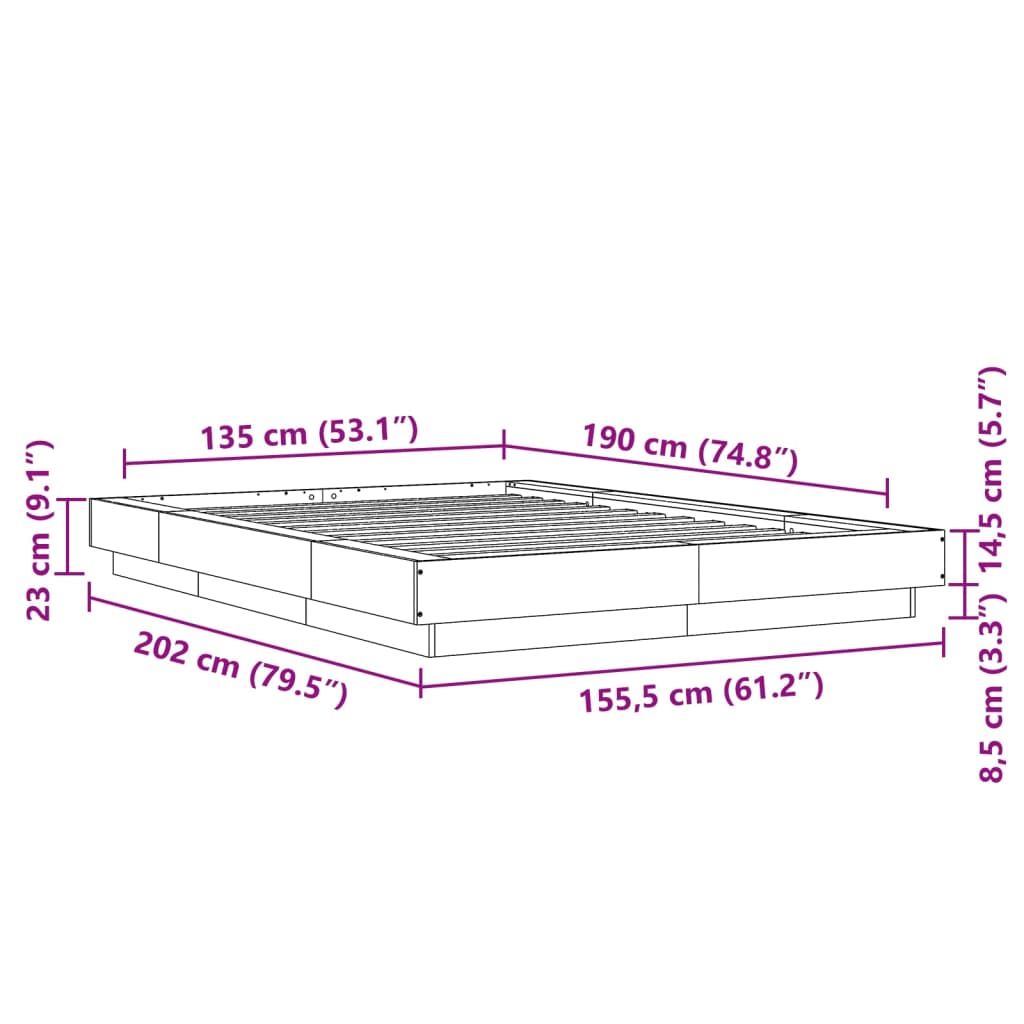 vidaXL Cadru de pat cu lumini LED, alb, 135x190 cm, lemn prelucrat