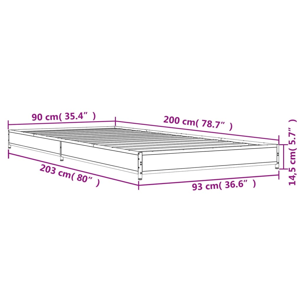 vidaXL Cadru de pat, stejar sonoma, 90x200 cm, lemn prelucrat și metal