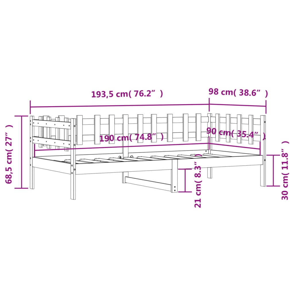 vidaXL Pat de zi fără saltea, alb, 90x190 cm, lemn masiv pin