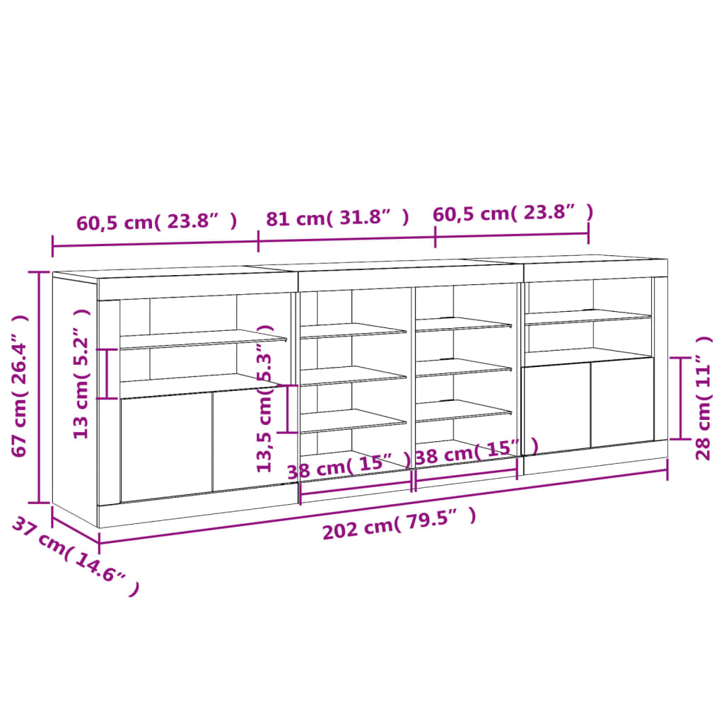 vidaXL Servantă cu lumini LED, alb, 202x37x67 cm