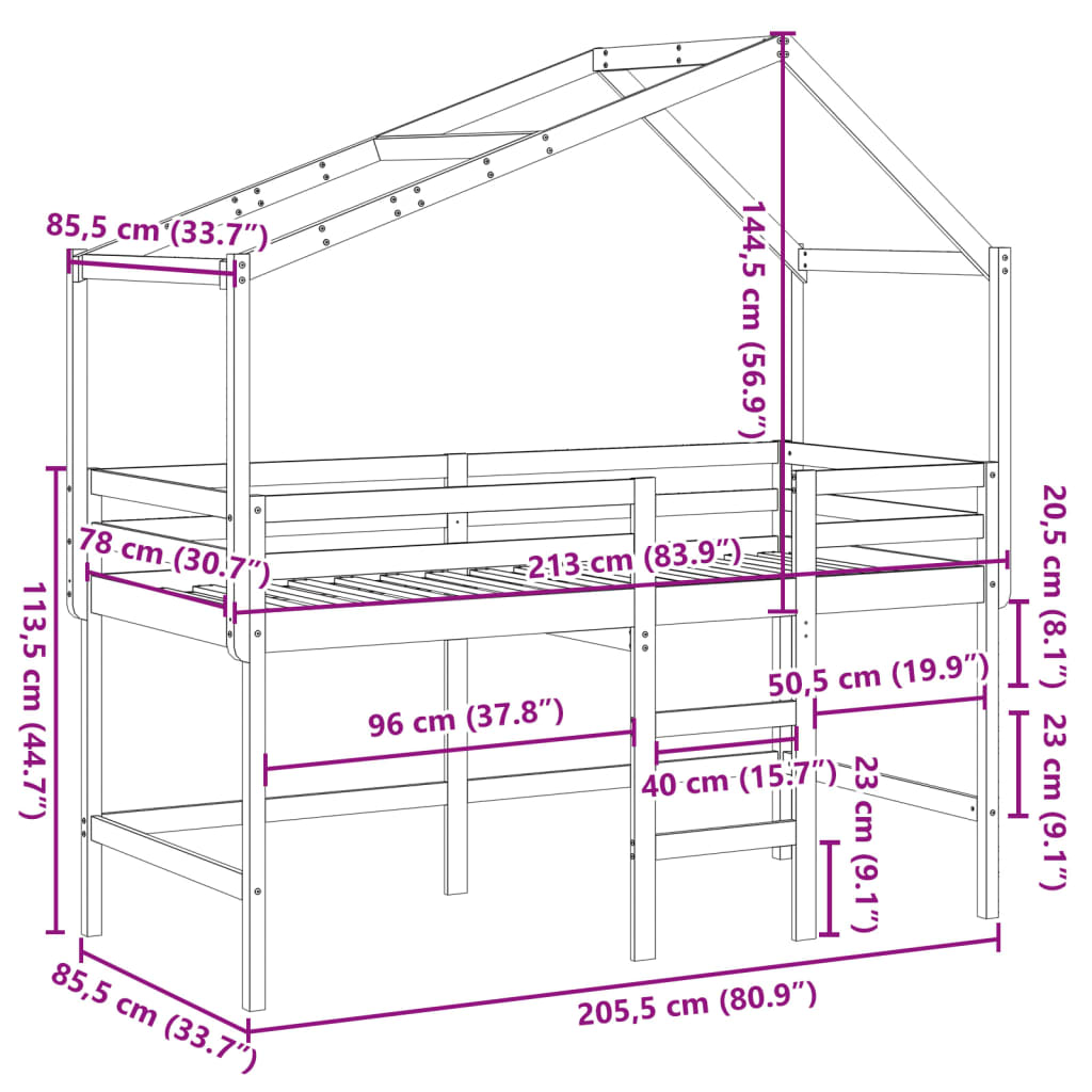 vidaXL Pat etajat cu scară și acoperiș, alb, 80x200 cm, lemn masiv pin