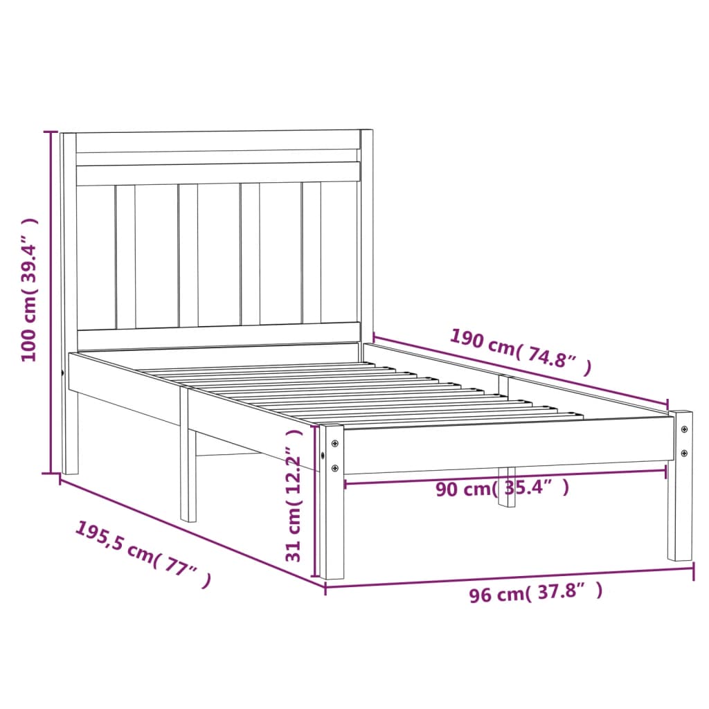 vidaXL Cadru de pat single, alb, 90x190 cm, lemn masiv