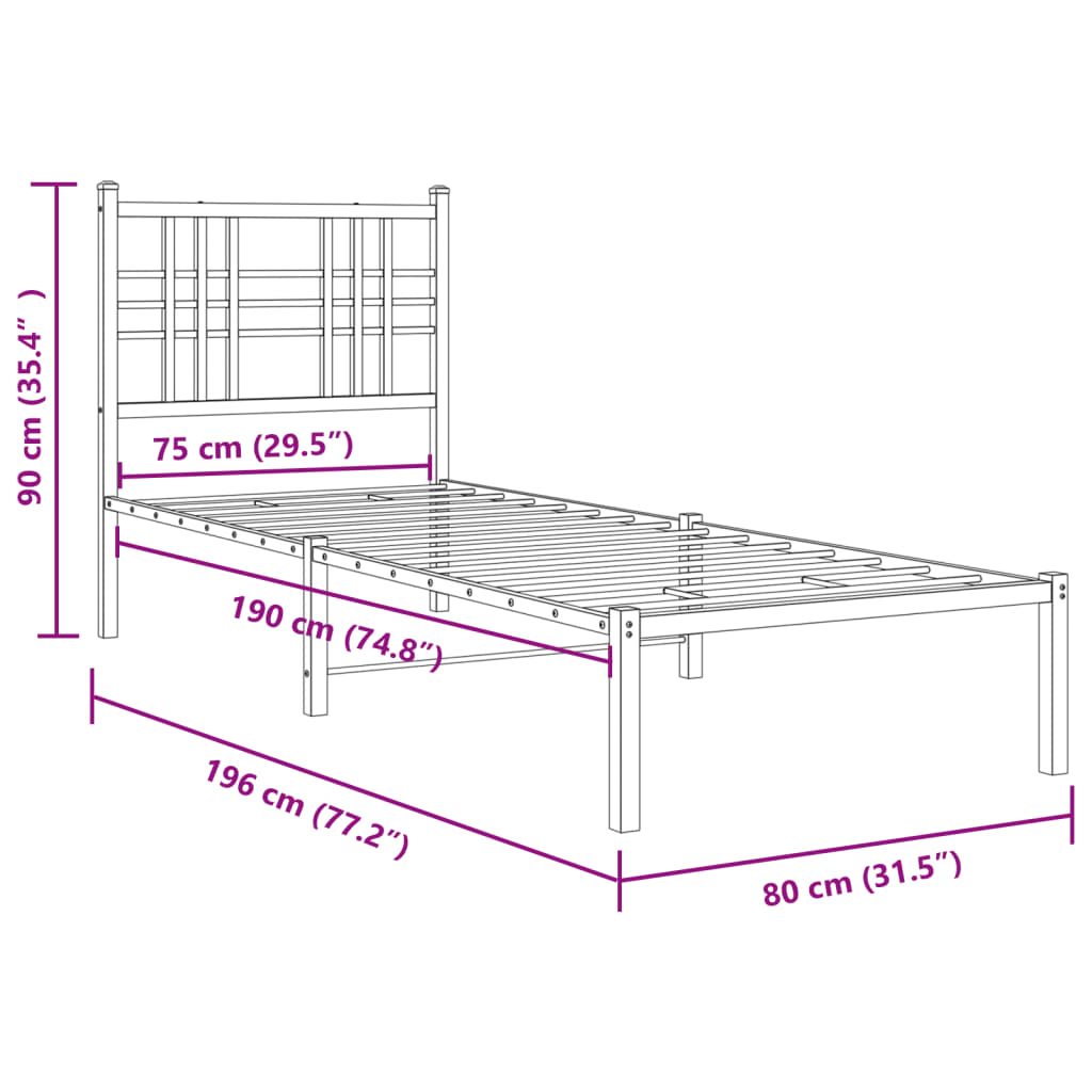 vidaXL Cadru pat metalic cu tăblii de cap/picioare, negru, 75x190 cm