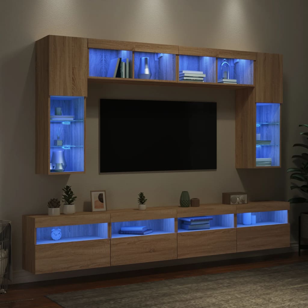 vidaXL Comode TV de perete cu lumini LED, 8 piese, stejar sonoma