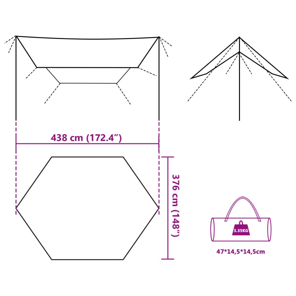 vidaXL Prelată de camping verde măsliniu, 438x376x212 cm, impermeabilă