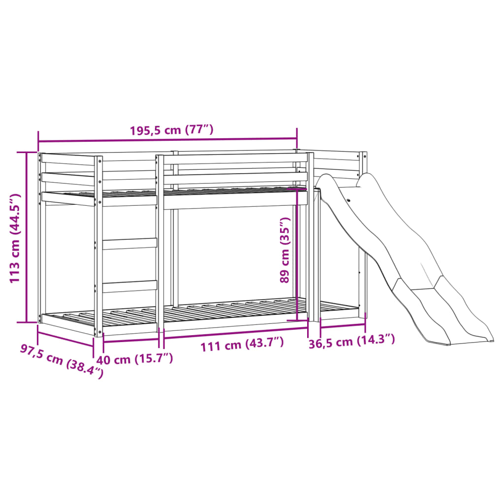 vidaXL Pat supraetajat cu tobogan/scară maro 90x190 cm, lemn masiv pin