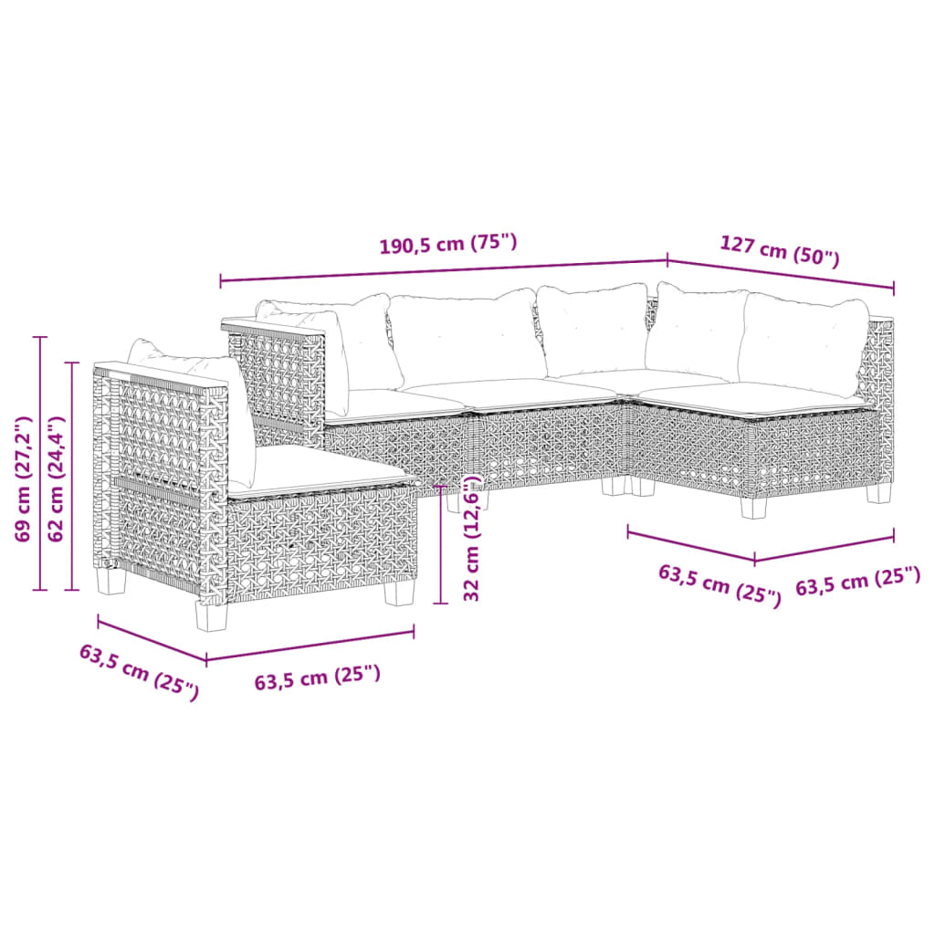 vidaXL Set mobilier de grădină cu perne, 5 piese, negru, poliratan