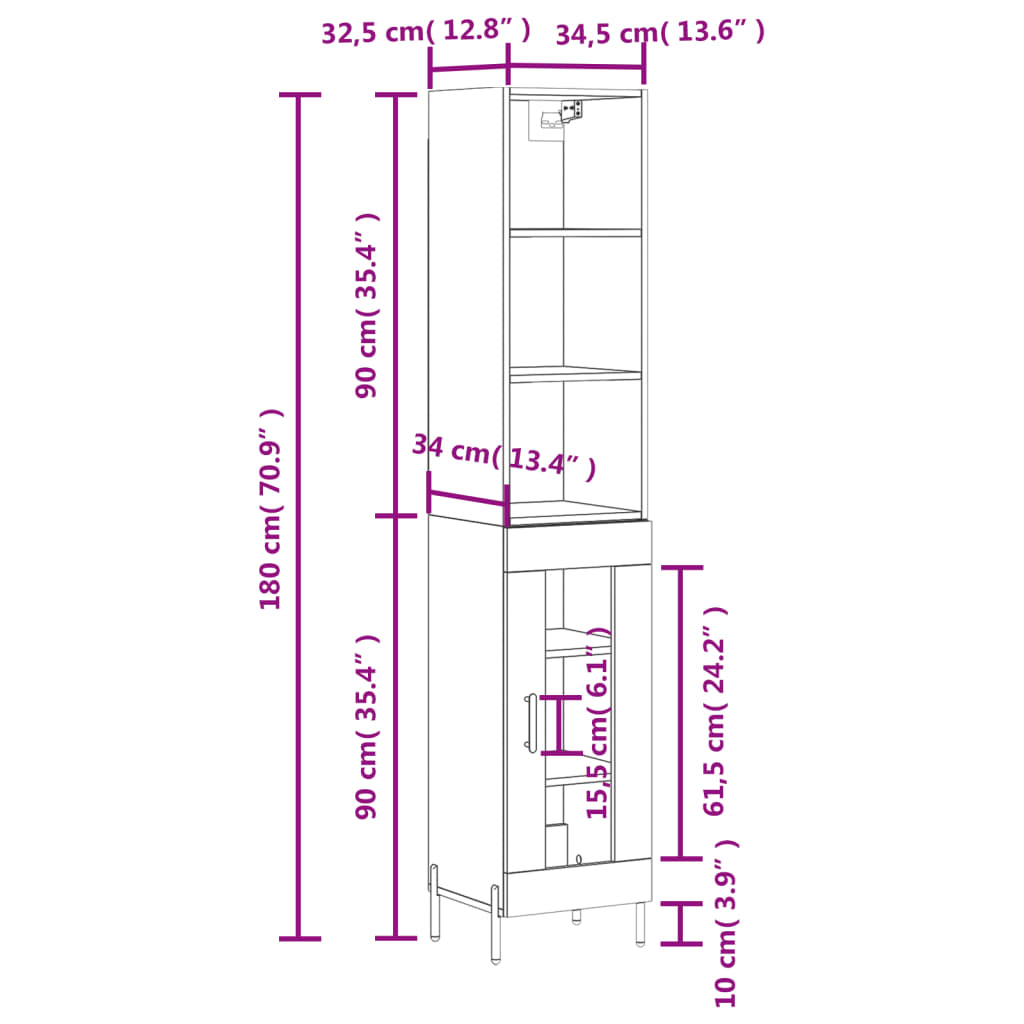 vidaXL Dulap înalt, alb extralucios, 34,5x34x180 cm, lemn prelucrat