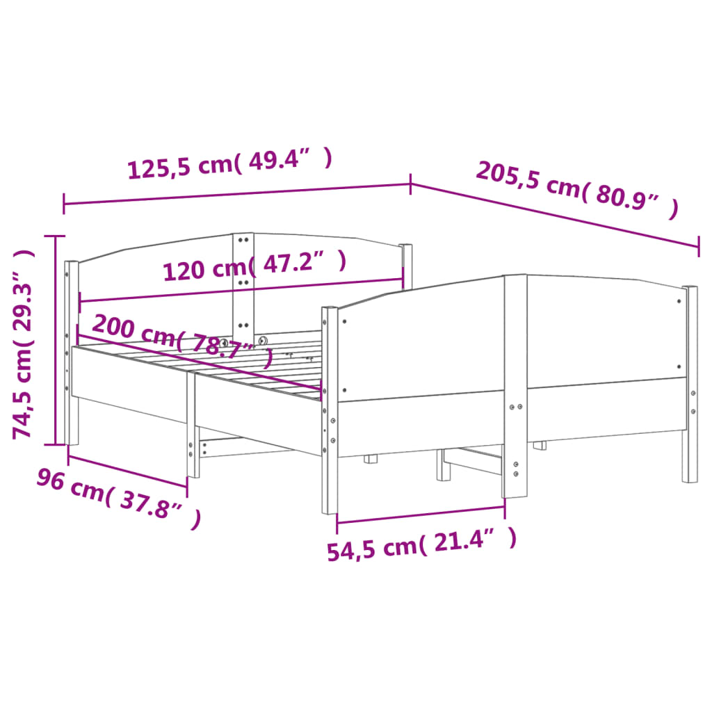 vidaXL Cadru de pat fără saltea, alb, 120x200 cm, lemn masiv pin