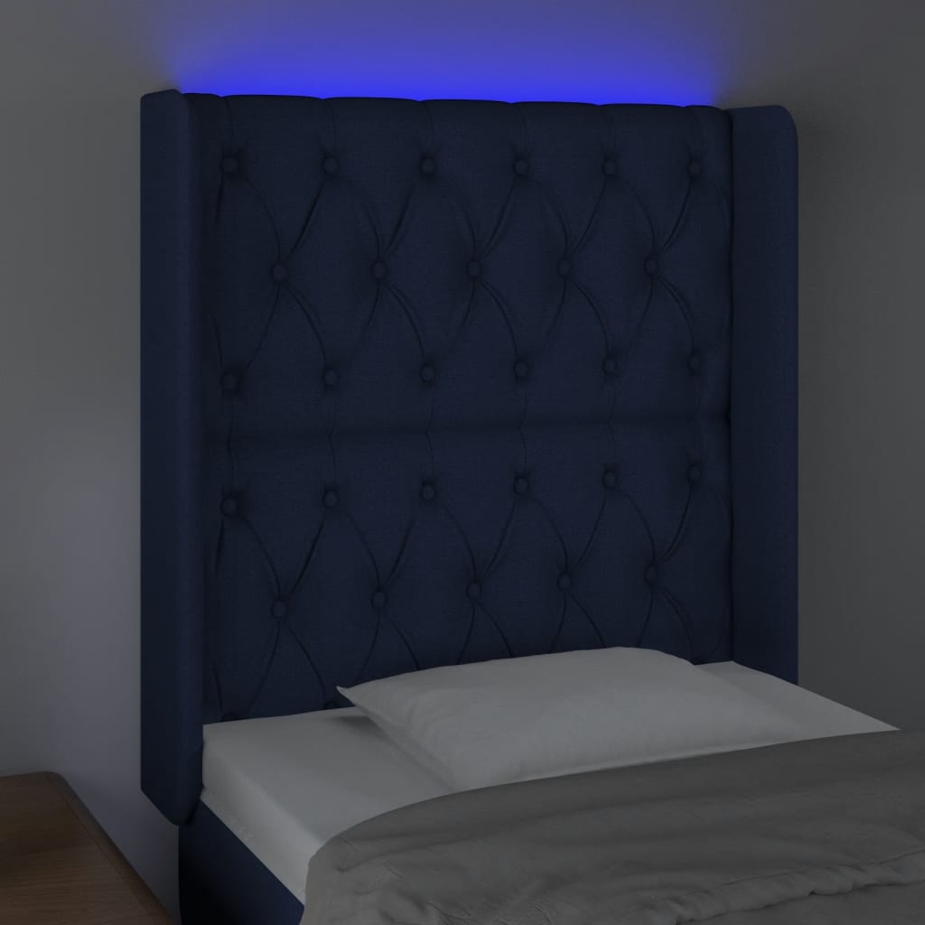 vidaXL Tăblie de pat cu LED, albastru, 83x16x118/128 cm, textil