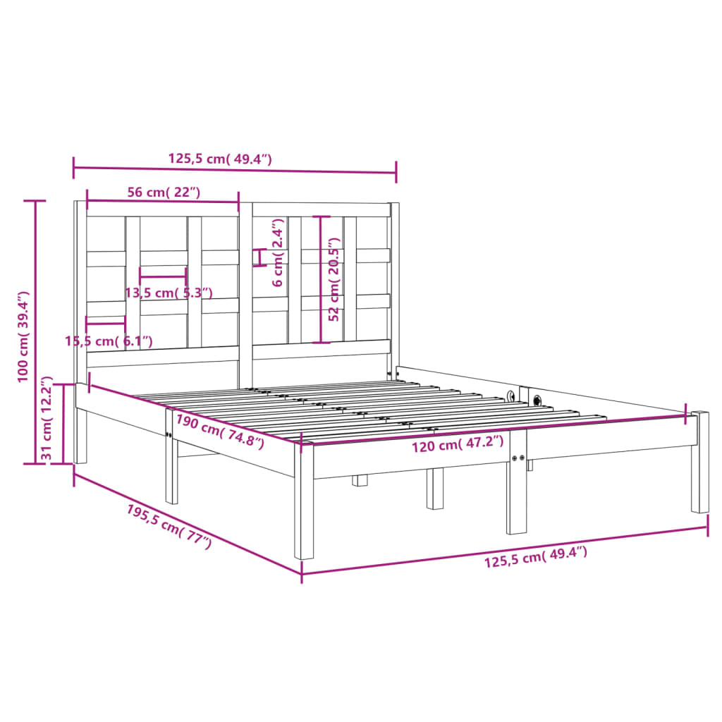 vidaXL Cadru de pat mic dublu, 120x190 cm, lemn masiv