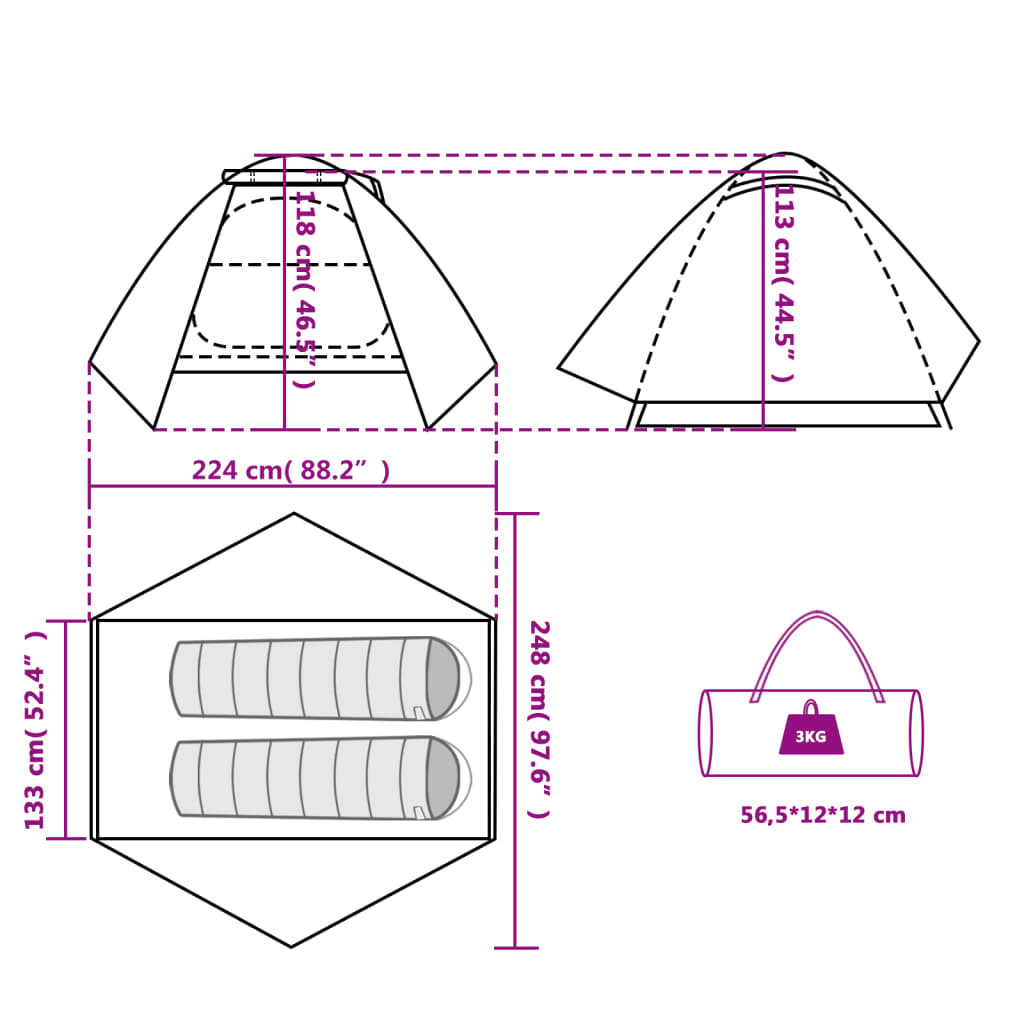 vidaXL Cort de camping cupolă pentru 2 persoane, verde, impermeabil