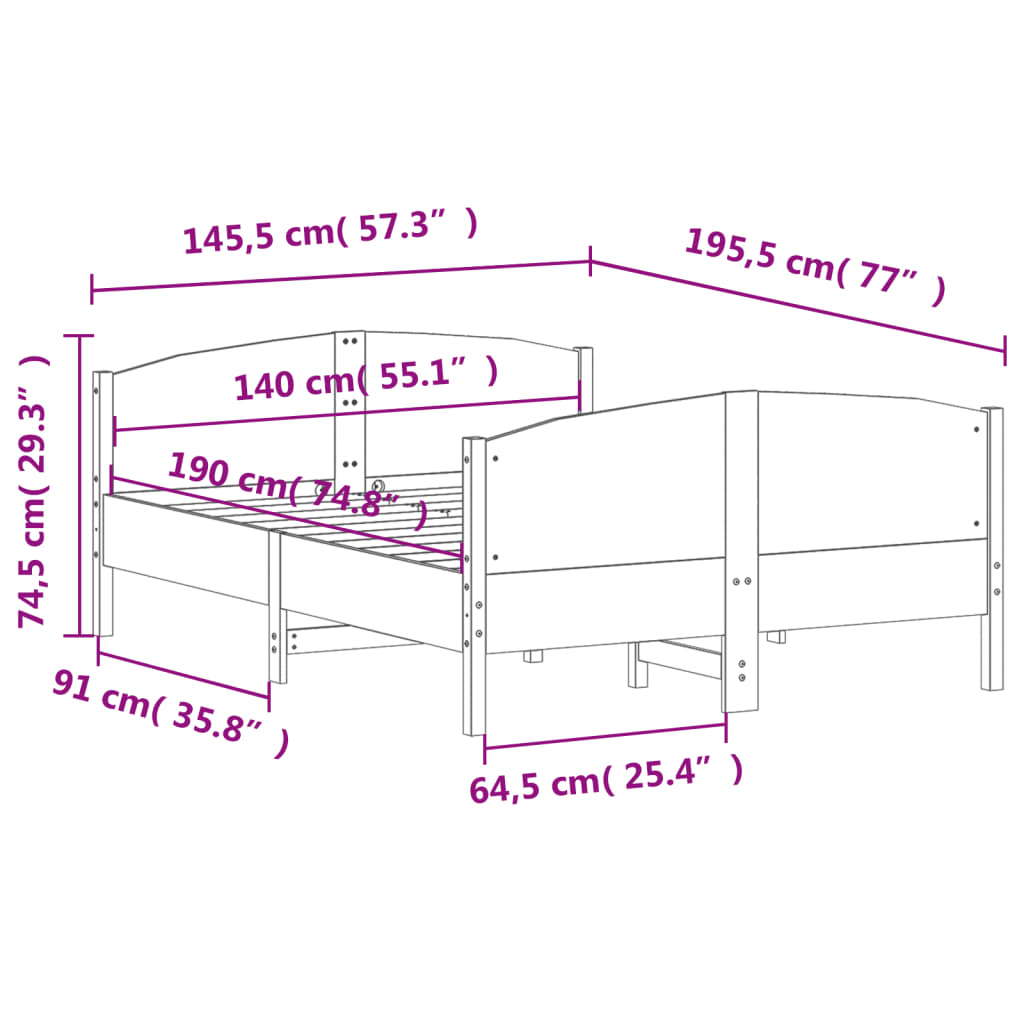 vidaXL Cadru de pat fără saltea, 140x190 cm, lemn masiv de pin