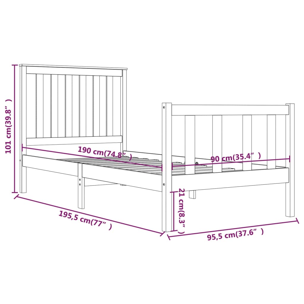 vidaXL Cadru de pat single, negru, 90x190 cm, lemn masiv de pin