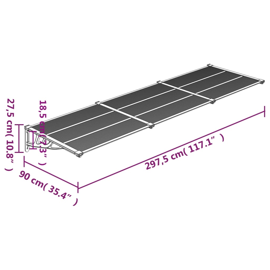 vidaXL Copertină de ușă, gri și transparent, 297,5x90 cm, policarbonat