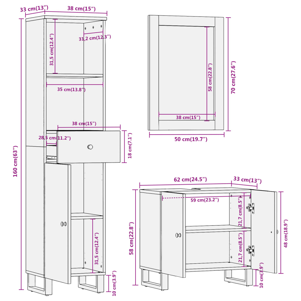 vidaXL Set dulapuri de baie, 3 piese, maro și negru, lemn masiv mango