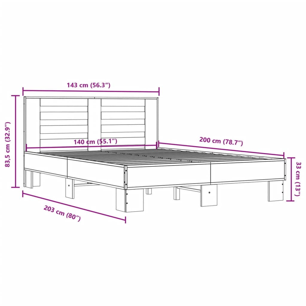 vidaXL Cadru de pat, stejar fumuriu 140x200 cm lemn prelucrat și metal