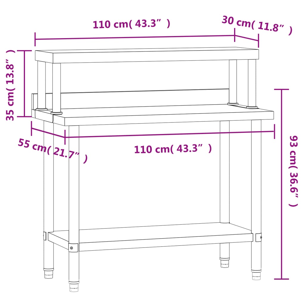 vidaXL Masă bucătărie cu raft superior, 110x55x120 cm, oțel inoxidabil