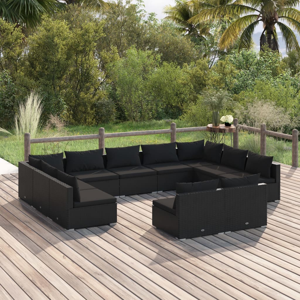 vidaXL Set mobilier de grădină cu perne, 11 piese, negru, poliratan