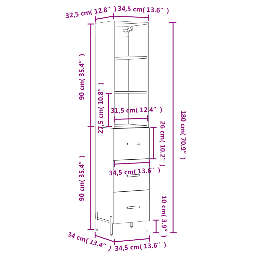 vidaXL Dulap înalt, alb extralucios, 34,5x34x180 cm, lemn prelucrat