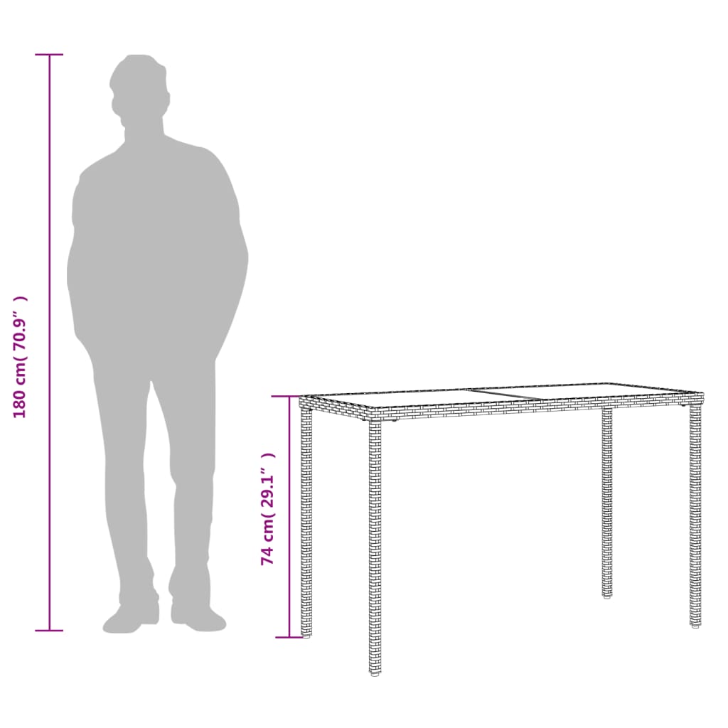 vidaXL Masă de grădină cu blat din sticlă bej, 115x54x74 cm, poliratan